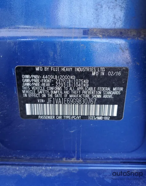 2016 Subaru Wrx Premium from USA, damaged, VIN JF1VA1E69G9830767